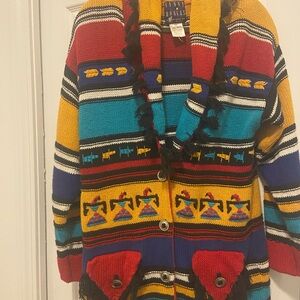 Colorful Striped Knit Cardigan with Geometric Motifs - Multicolor